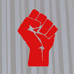 an illustration of a red fist against a grey background